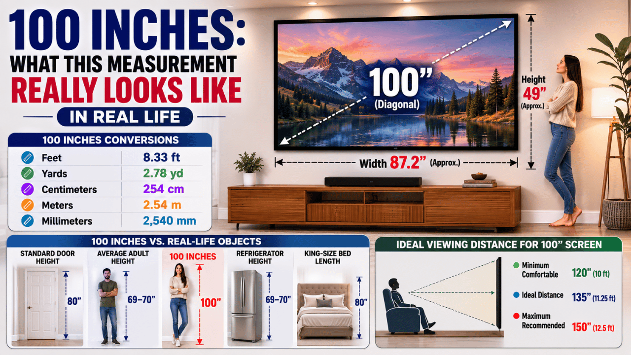 100 Inches in Real Life infographic showing size conversions, a 100-inch TV screen, common object comparisons, and ideal viewing distance for home theater setups.