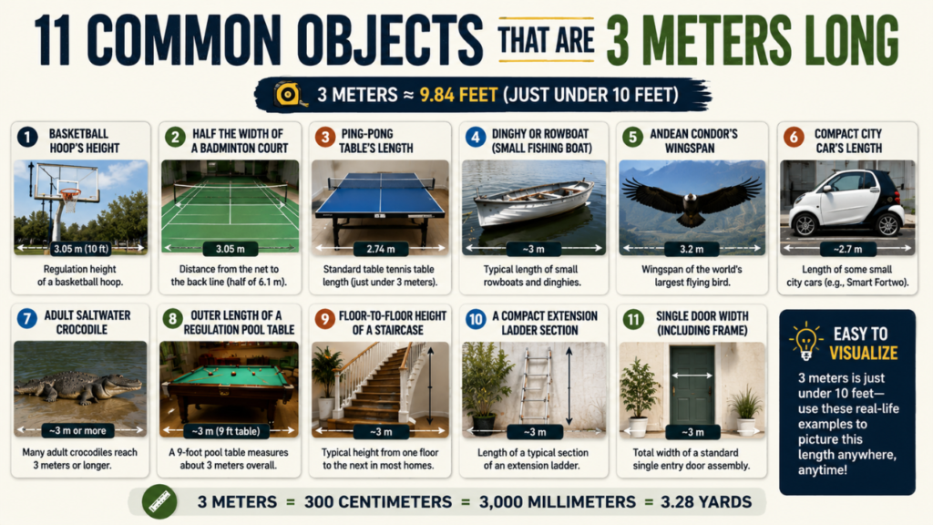 Infographic featuring 11 common objects that are approximately 3 meters long, including a basketball hoop, ping-pong table, rowboat, crocodile, pool table, and ladder, with 3-meter conversions.