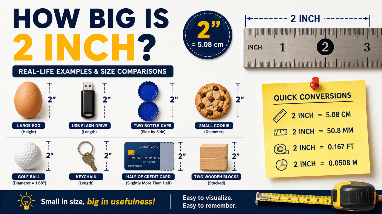 How big is 2 inch infographic featuring real-life size comparisons with a ruler, large egg, USB flash drive, golf ball, cookie, bottle caps, keychain, and measurement conversions.