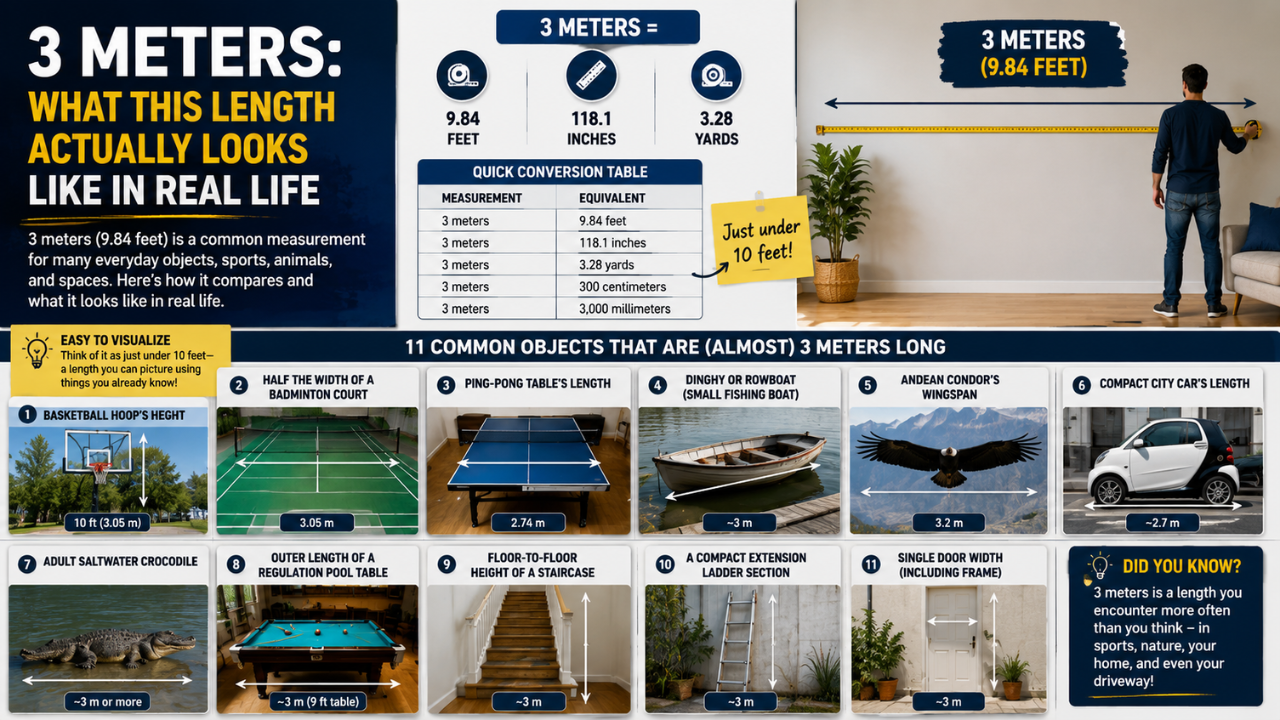 Infographic showing how long 3 meters is with real-life comparisons, unit conversions, and 11 everyday objects that are approximately 3 meters in length.
