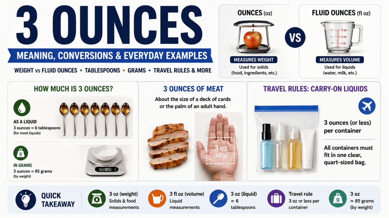 Feature image explaining 3 ounces with weight vs. fluid ounces, common conversions, travel liquid rules, and everyday size comparisons like a deck of cards and palm-sized meat.