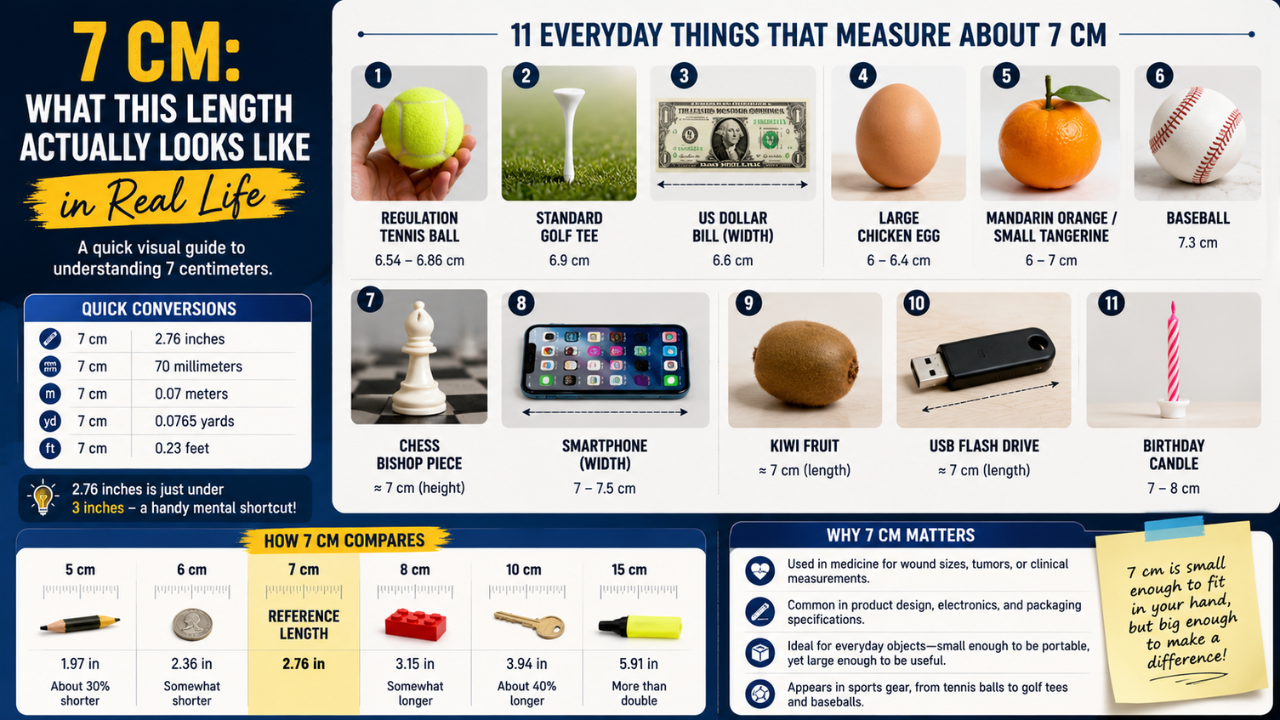 Infographic showing what 7 cm looks like using 11 everyday objects, quick conversions, and size comparisons.