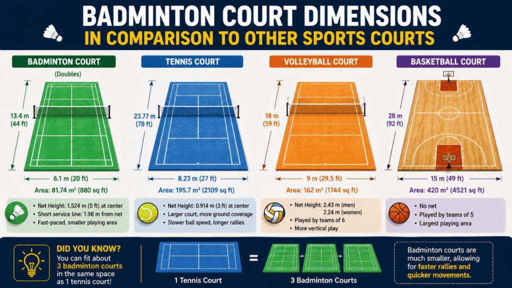 Badminton court dimensions compared with tennis, volleyball, and basketball courts, highlighting official court sizes, playing areas, and net heights.