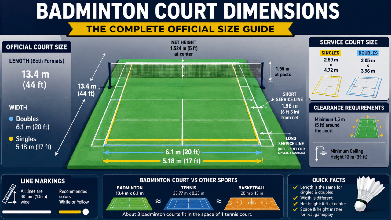 Official badminton court dimensions infographic showing BWF court size, singles vs doubles measurements, net height, service lines, and court layout guide.