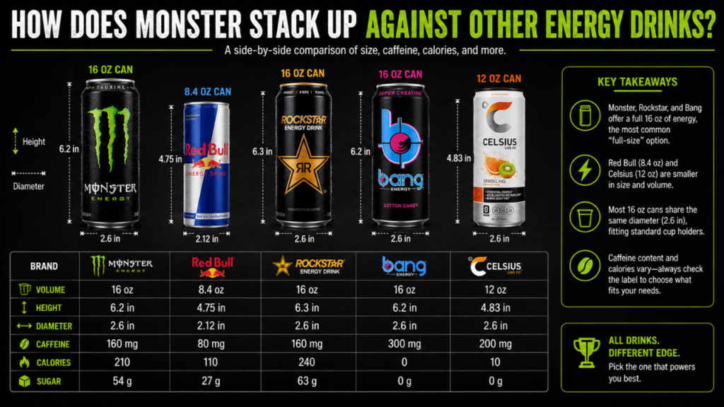 How Does Monster Stack Up Against Other Energy Drinks comparison chart showing Monster, Red Bull, Rockstar, Bang, and Celsius with can sizes, dimensions, caffeine content, calories, sugar, and key differences.