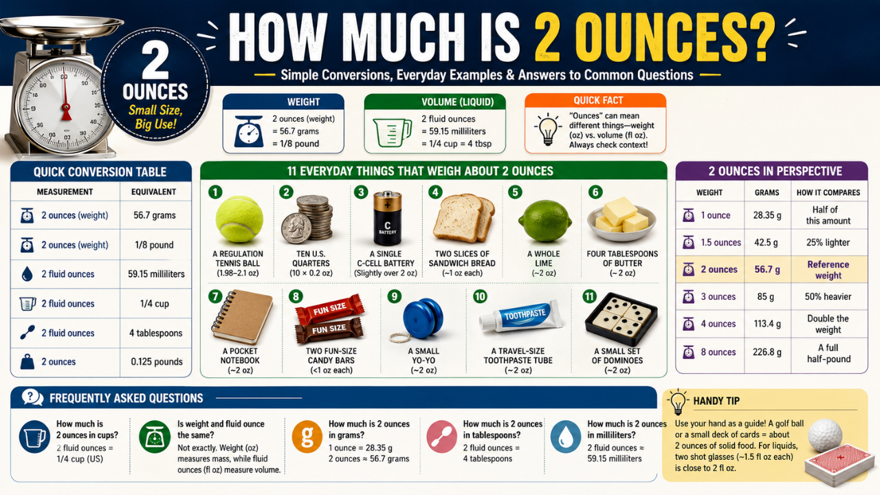 Infographic explaining how much is 2 ounces with weight and volume conversions, everyday objects that weigh about 2 ounces, comparison chart, and quick measurement guide.