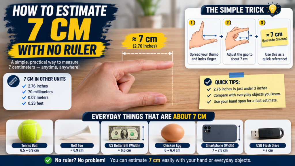 Infographic explaining how to estimate 7 cm without a ruler using your hand and everyday objects as visual references.