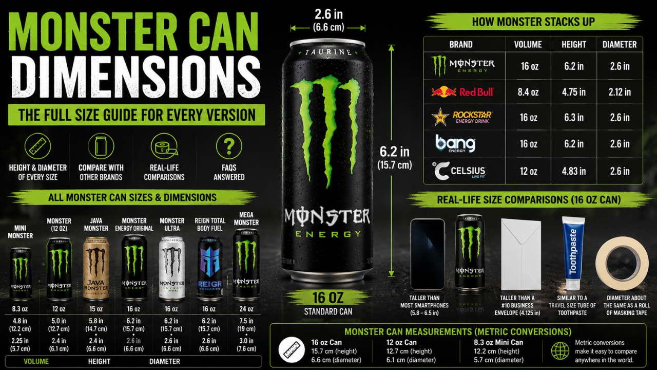 Monster can dimensions infographic comparing different Monster Energy can sizes, heights, diameters, and volumes with real-life size comparisons and measurements.
