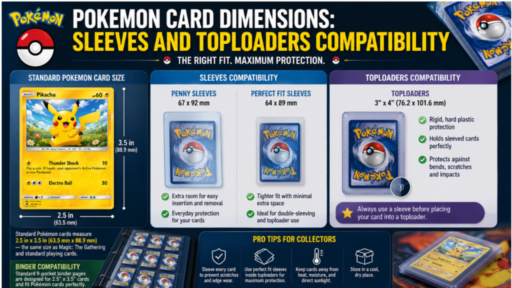 Infographic illustrating Pokemon card dimensions, sleeve compatibility, toploader sizes, and binder storage options for protecting standard Pokémon trading cards.