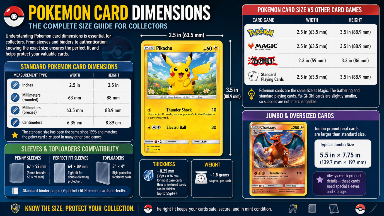 Infographic showing Pokemon card size dimensions, standard measurements, jumbo card sizes, sleeve compatibility, and storage guide for collectors.