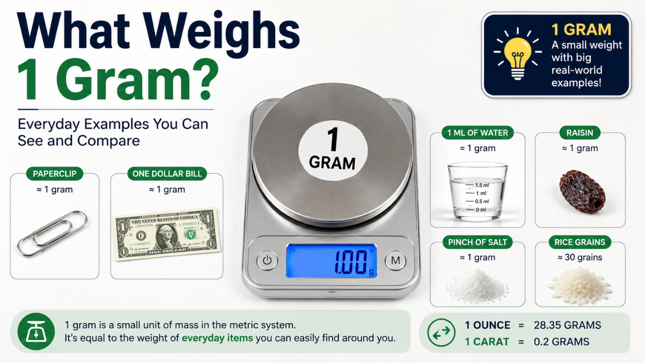 Infographic showing what weighs 1 gram with everyday examples such as a paperclip, one-dollar bill, 1 mL of water, raisin, pinch of salt, and rice grains, alongside simple weight conversions.