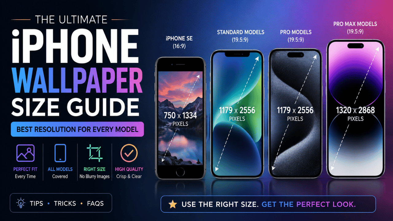 Feature image showing the correct iPhone wallpaper size guide with screen resolutions and dimensions for iPhone SE, standard, Pro, and Pro Max models.