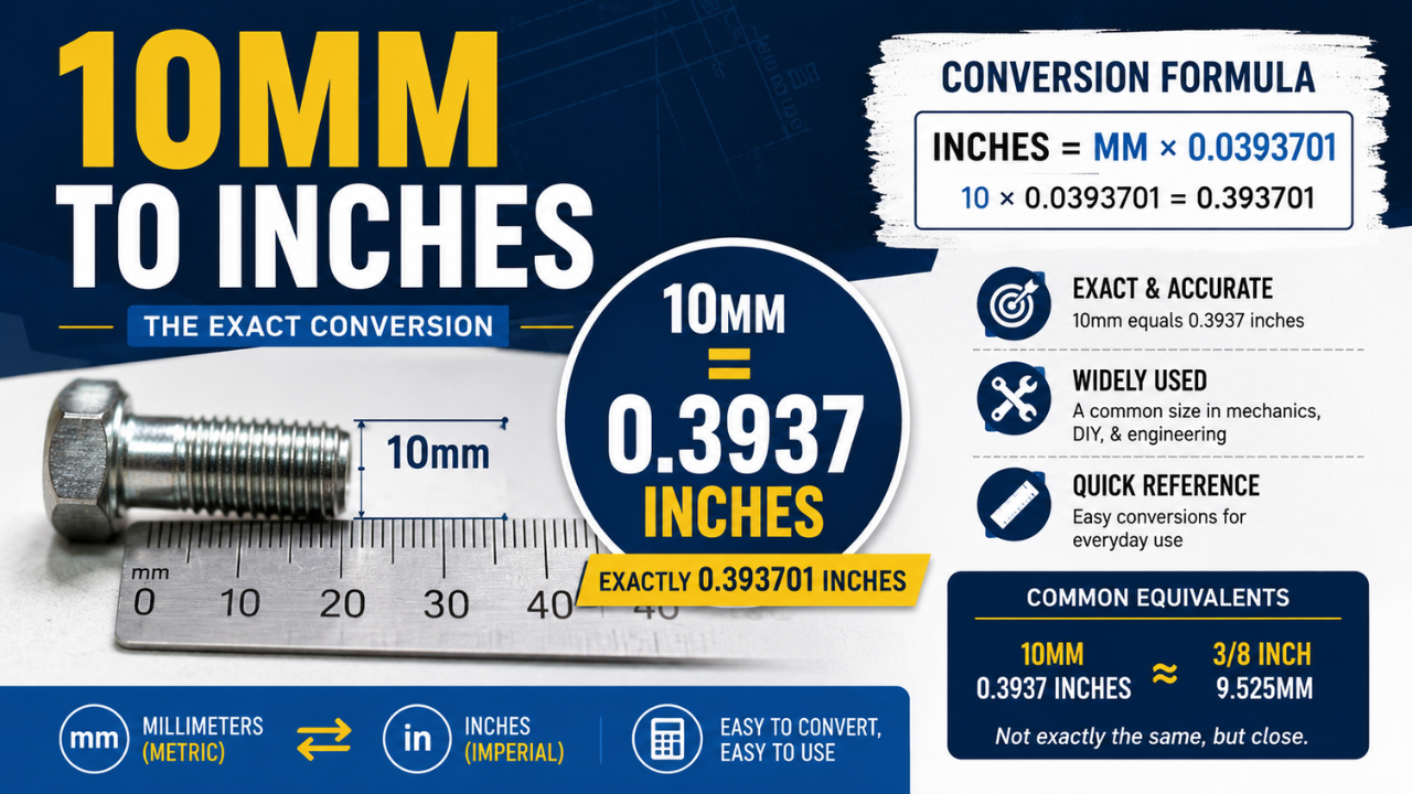 Feature image illustrating the 10mm to inches conversion with a ruler, 10mm bolt, conversion formula, and the exact measurement of 0.3937 inches for quick reference.