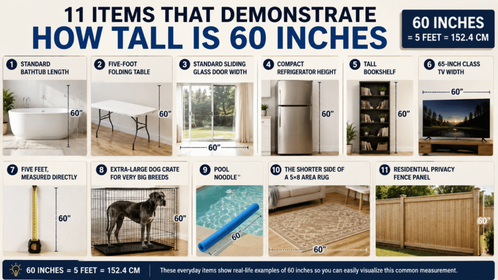 11 everyday items demonstrating how tall 60 inches is, including a bathtub, folding table, bookshelf, refrigerator, pool noodle, and privacy fence.