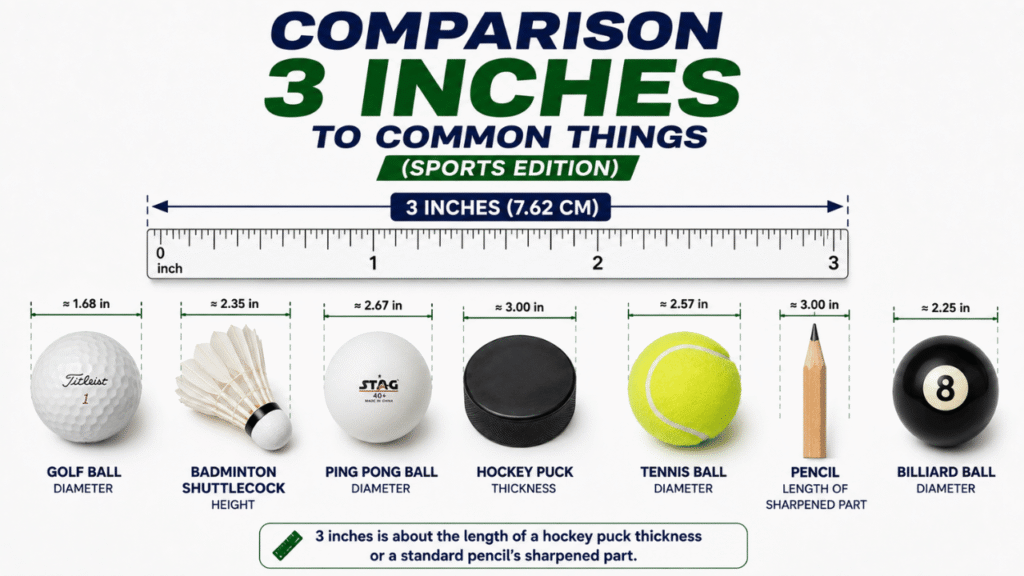 3-inch sports comparison featuring a golf ball, badminton shuttlecock, ping pong ball, hockey puck, tennis ball, pencil, and billiard ball.