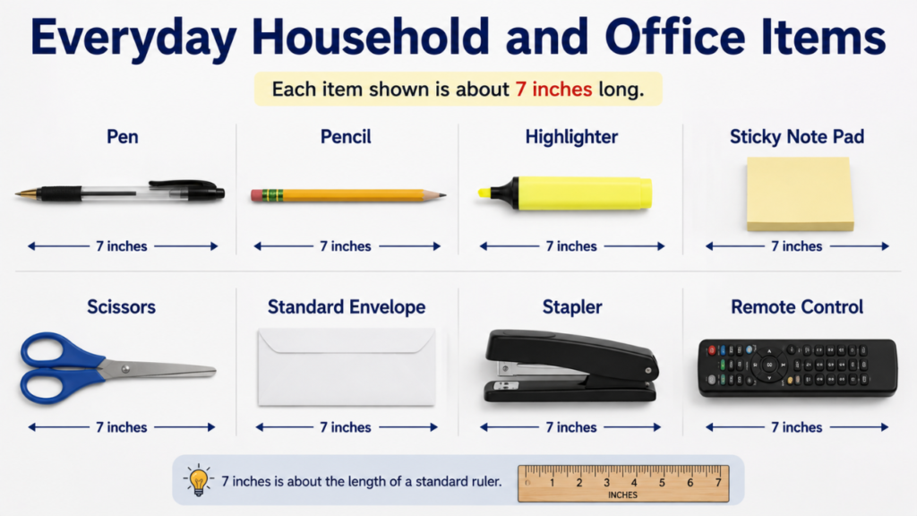 Illustration of everyday household and office items that are about 7 inches long, including a pen, pencil, highlighter, sticky note pad, scissors, standard envelope, stapler, and TV remote, with size comparisons.