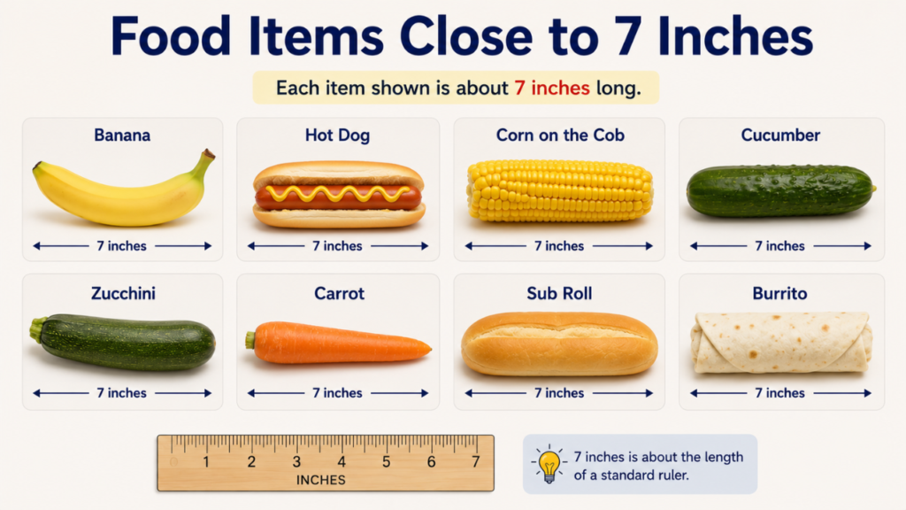 Illustration of food items that are approximately 7 inches long, including a banana, hot dog, corn on the cob, cucumber, zucchini, carrot, sub roll, and burrito, with size comparison markers.
