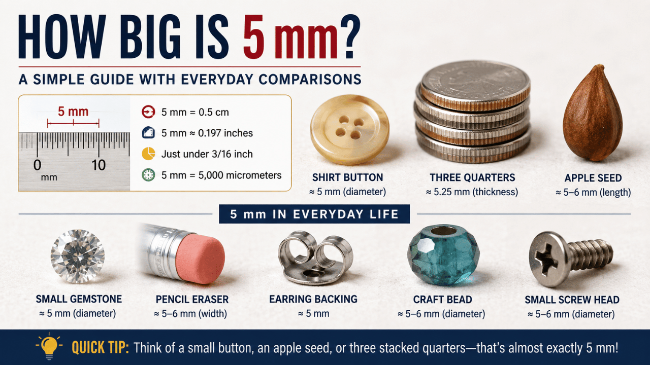 How big is 5 mm infographic showing a 5 mm ruler measurement with everyday comparisons including a shirt button, stacked coins, apple seed, gemstone, and craft bead.