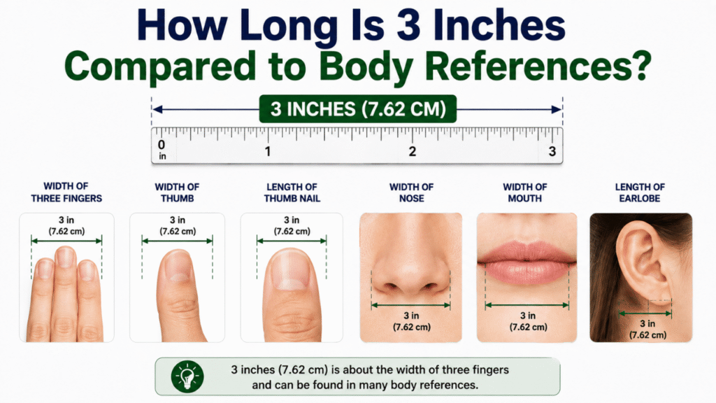 3-inch body reference comparison showing fingers, thumb, thumbnail, nose, mouth, and earlobe with a ruler.