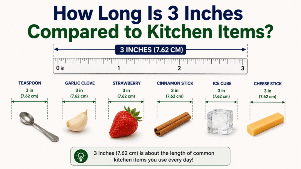 3-inch kitchen item comparison showing a teaspoon, garlic clove, strawberry, cinnamon stick, ice cube, and cheese stick with a ruler.