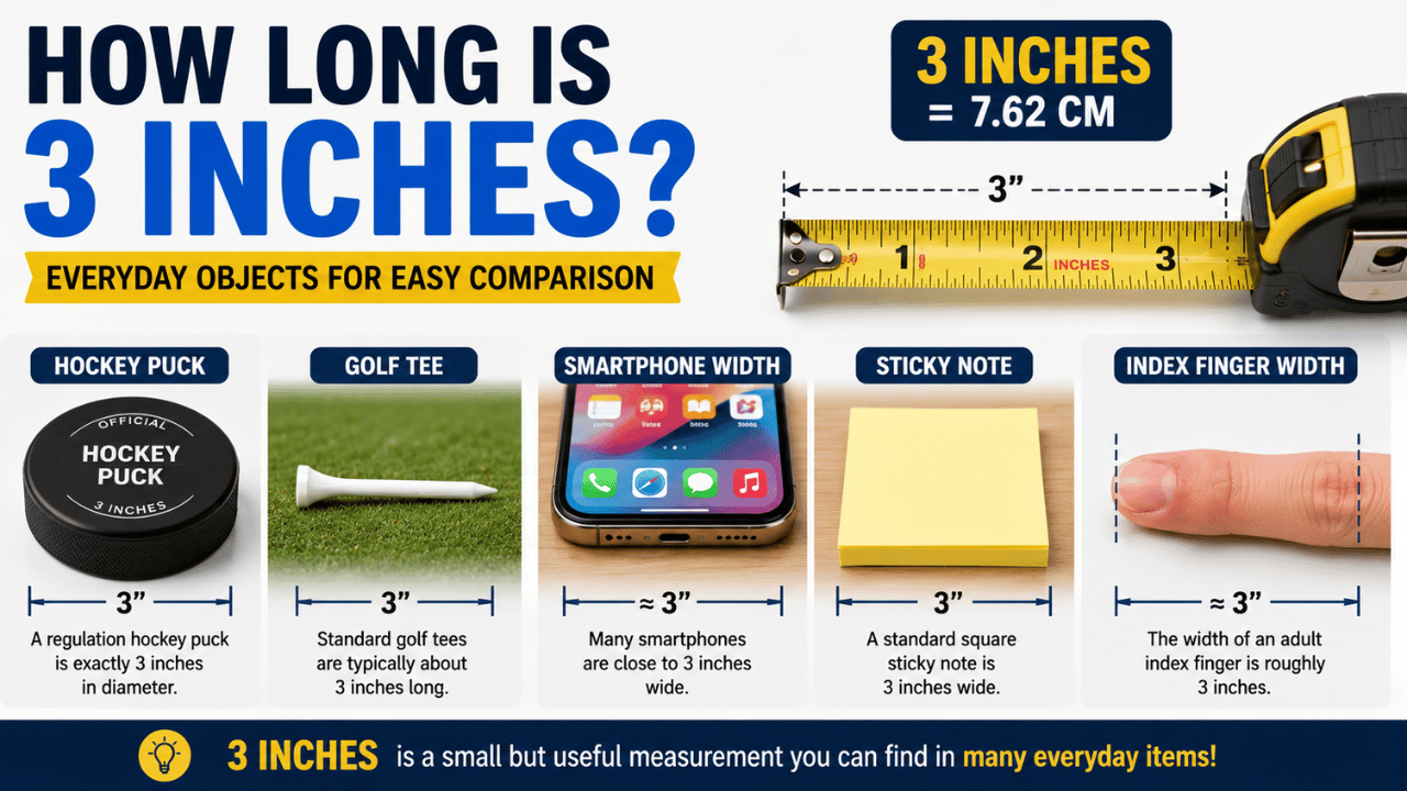 Infographic showing how long is 3 inches, with comparisons to a hockey puck, golf tee, smartphone width, index finger, sticky note, and a ruler showing 7.62 centimeters.