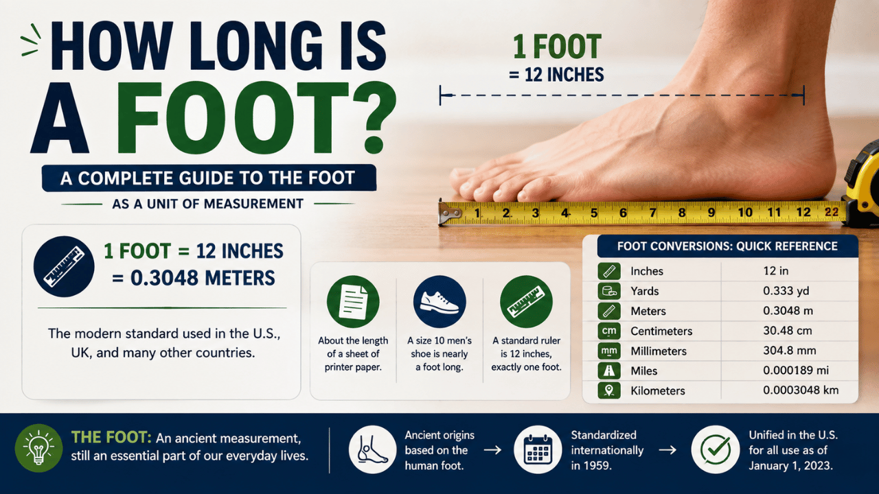 How long is a foot infographic showing 1 foot equals 12 inches and 0.3048 meters, with a tape measure and everyday size comparisons.