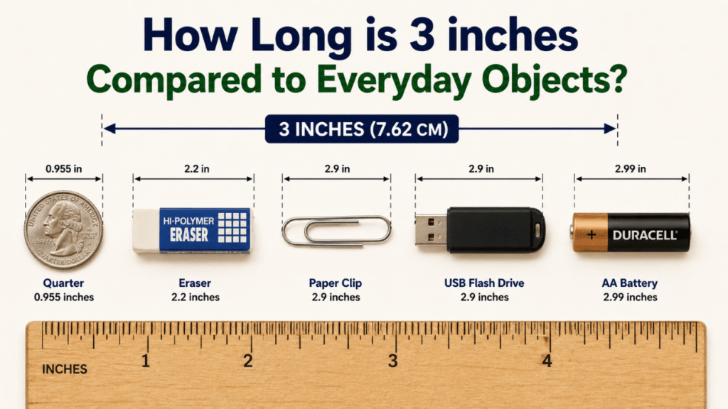 3-inch length comparison with everyday objects including a quarter, eraser, paper clip, USB flash drive, AA battery, and ruler.