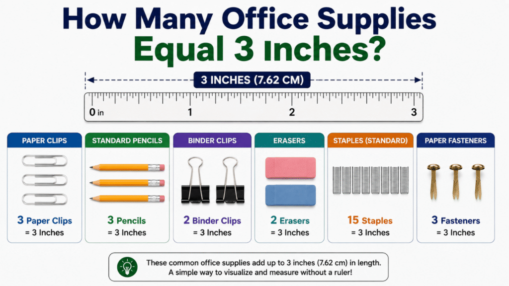 3-inch office supply comparison showing paper clips, pencils, binder clips, erasers, staples, and paper fasteners with a ruler.