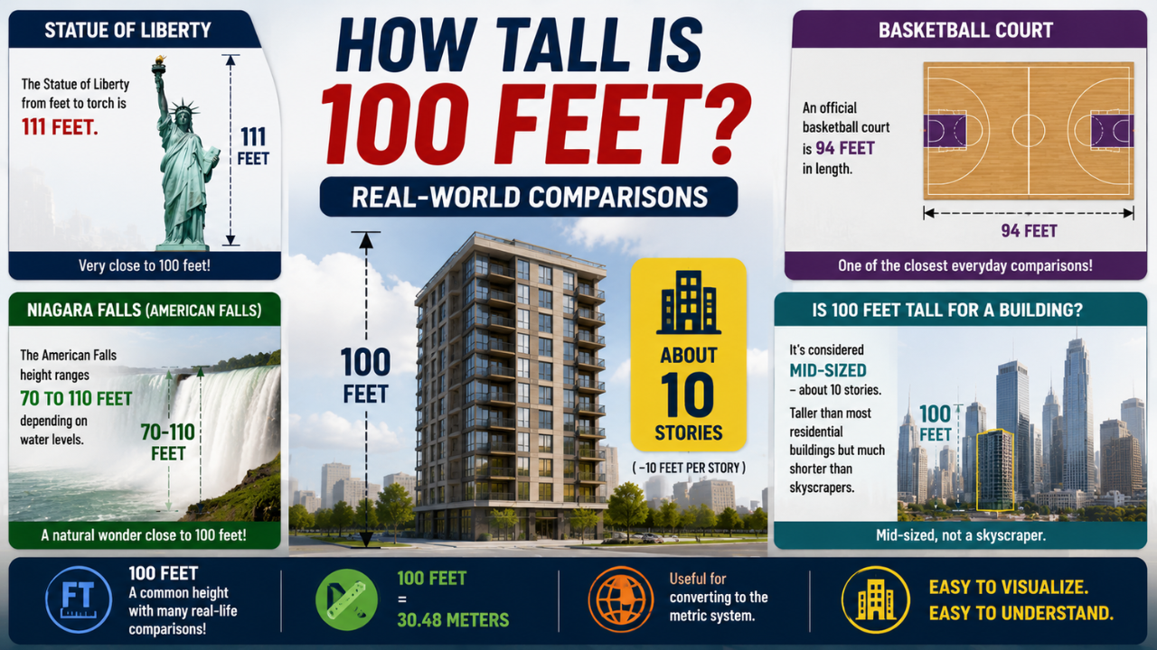 Feature image illustrating how tall is 100 feet using real-world comparisons, including a 10-story building, the Statue of Liberty, Niagara Falls, and a basketball court for easy size visualization.