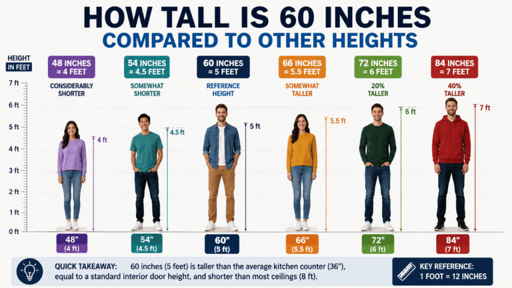 How tall is 60 inches compared to other heights, with a visual comparison of 48, 54, 60, 66, 72, and 84 inches.