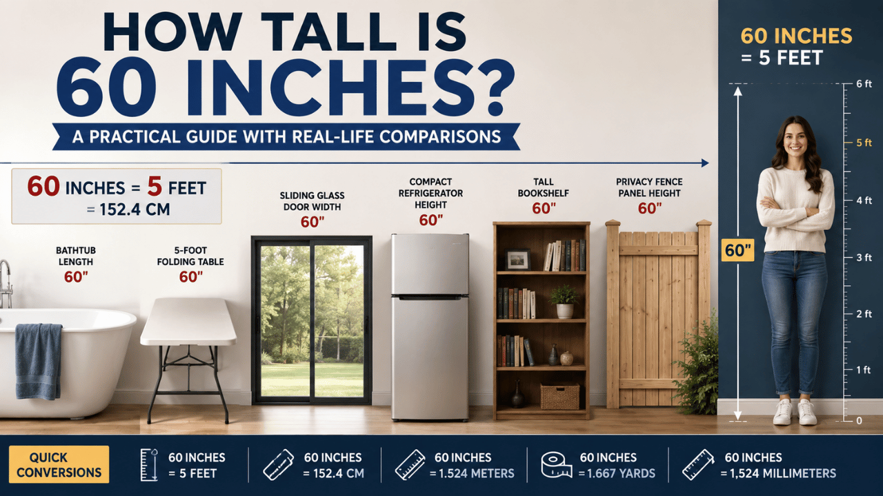 How tall is 60 inches infographic showing 60 inches equals 5 feet and 152.4 cm with real-life size comparisons.