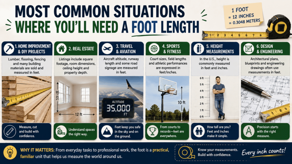 Common situations where foot measurements are used, including home improvement, real estate, travel, sports, height measurements, and design.