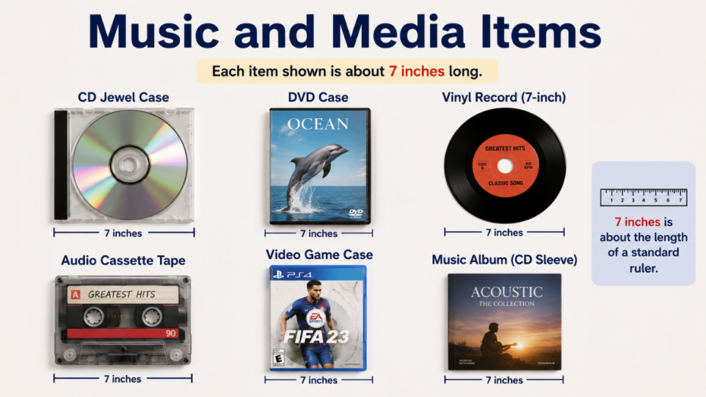 Illustration of common music and media items that are about 7 inches long, including a CD jewel case, DVD case, 7-inch vinyl record, audio cassette tape, video game case, and CD sleeve, with size comparisons.
