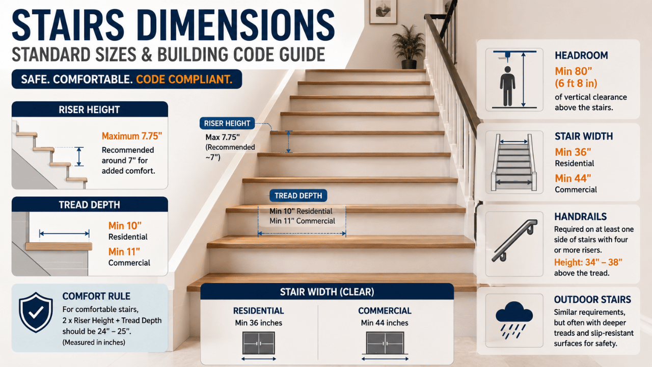 Feature image illustrating standard stairs dimensions with riser height, tread depth, staircase width, headroom, handrail requirements, and building code measurements.