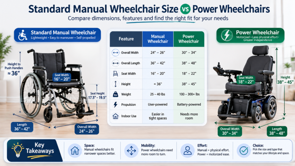 Comparison infographic showing standard manual wheelchair size vs power wheelchairs, highlighting overall dimensions, seat width, weight, turning space, and key differences in a clean, modern layout.