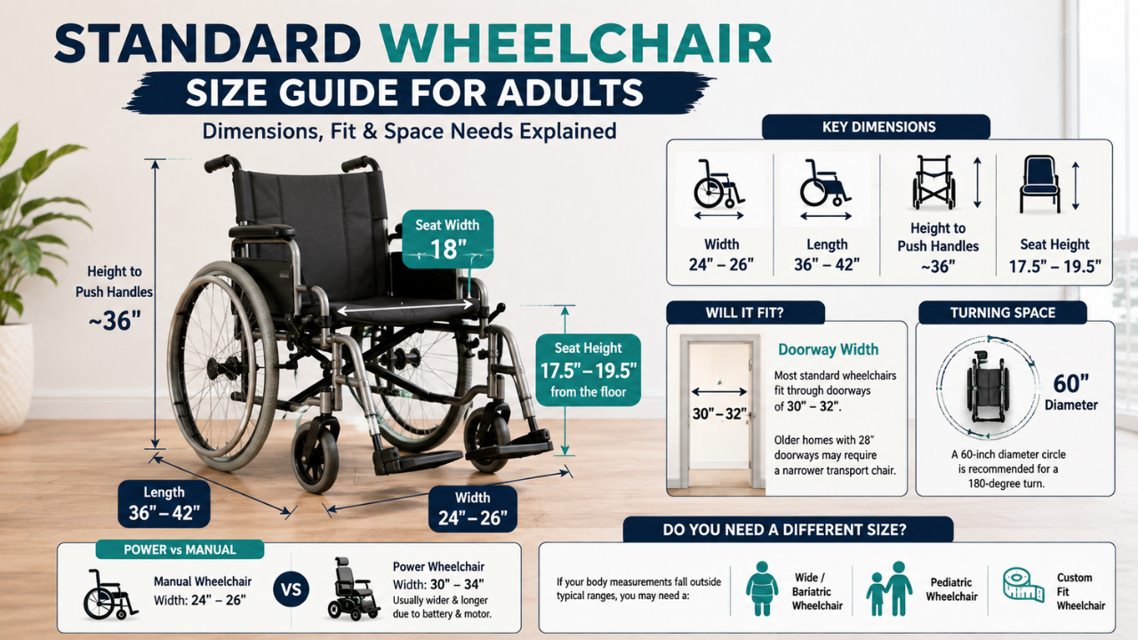 Feature image illustrating standard wheelchair size dimensions for adults, including seat width, overall width, length, turning radius, doorway clearance, and manual vs. power wheelchair size comparison.