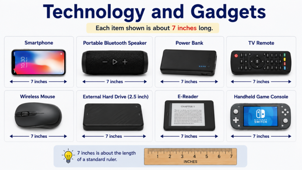 Illustration of technology and gadget items that are approximately 7 inches long, including a smartphone, portable Bluetooth speaker, power bank, TV remote, wireless mouse, external hard drive, e-reader, and handheld game console, with size comparison markers.