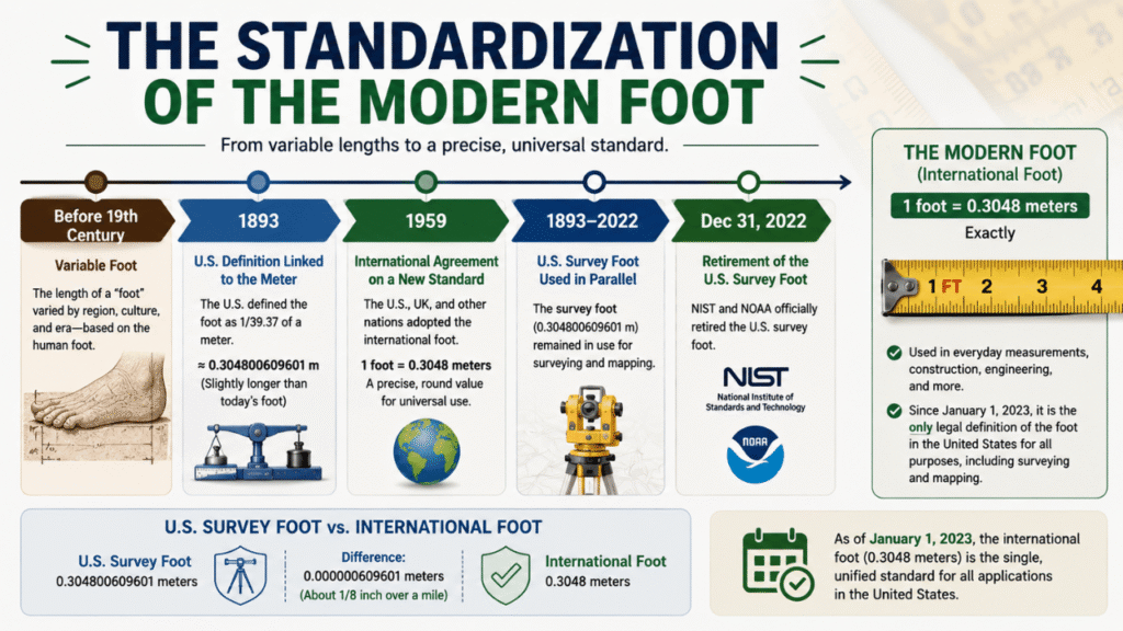 The standardization of the modern foot, showing its history, measurement changes, and the international standard of 1 foot equal to 0.3048 meters.