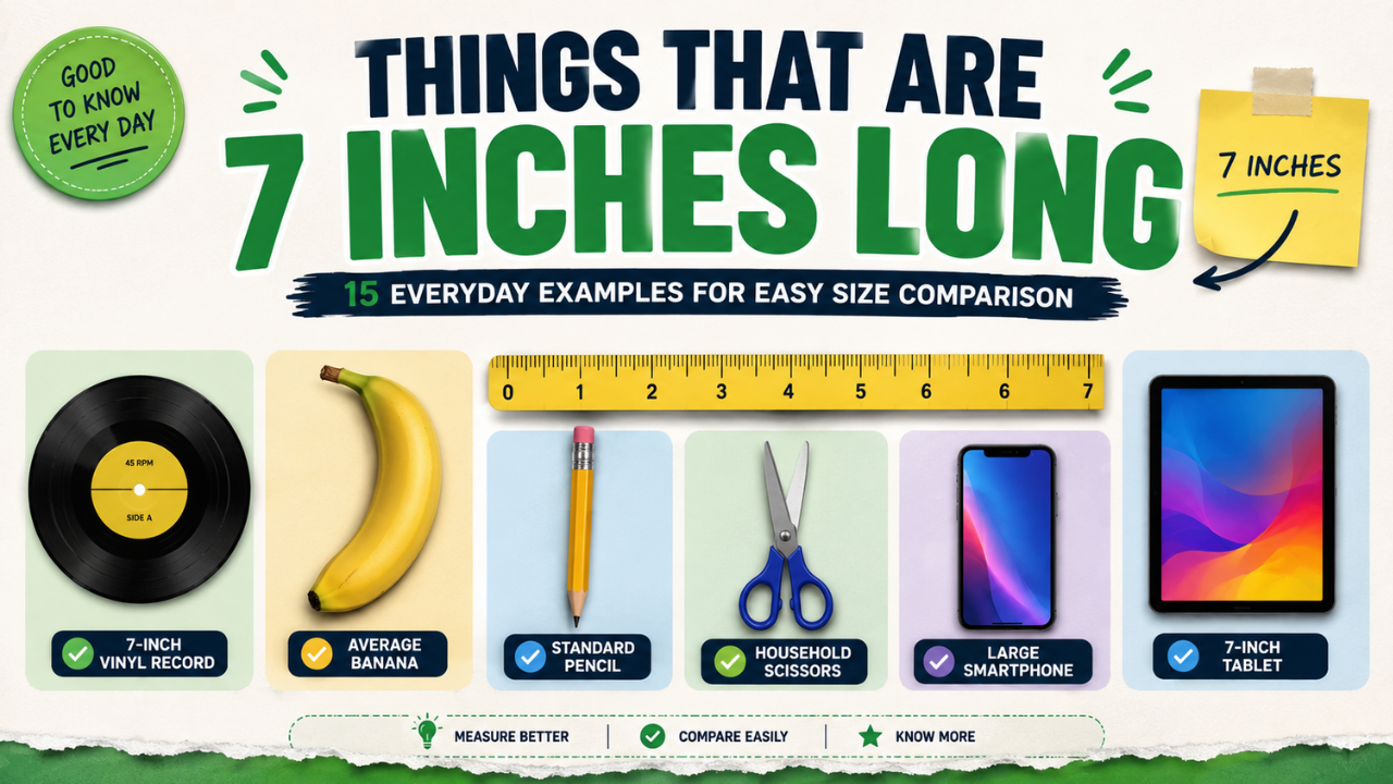 Feature image showing things that are 7 inches long, including a 7-inch vinyl record, banana, pencil, household scissors, smartphone, and 7-inch tablet with a ruler for size comparison.