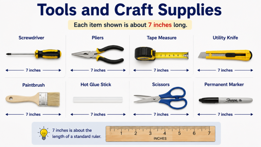 Illustration of tools and craft supplies that are approximately 7 inches long, including a screwdriver, pliers, tape measure, utility knife, paintbrush, hot glue stick, scissors, and permanent marker, with size comparison markers.