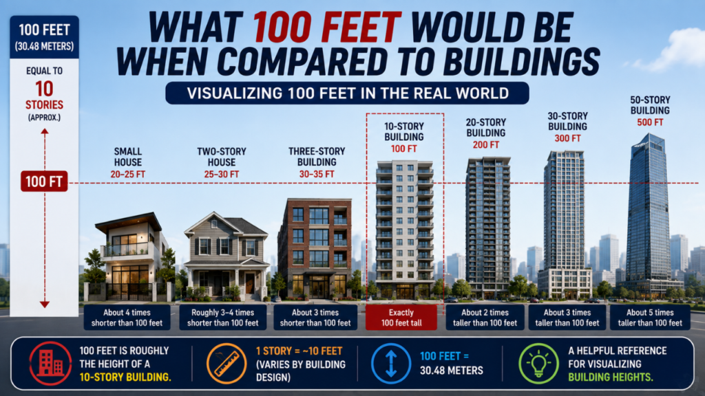 Feature image comparing what 100 feet would be when compared to buildings, showing a 10-story building alongside smaller homes and taller high-rises to visualize 100-foot building height.