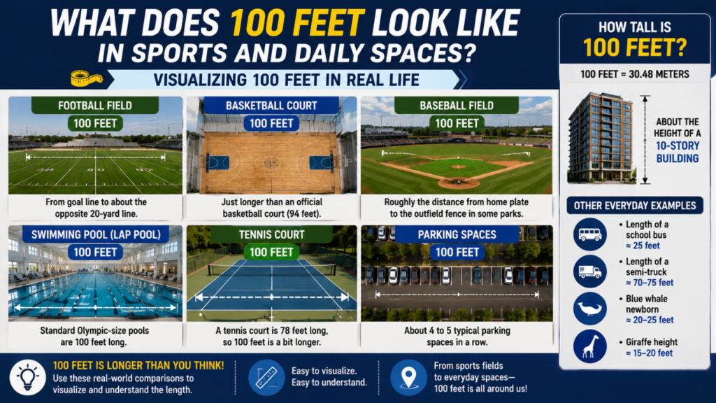 Feature image illustrating what 100 feet looks like in sports and daily spaces, comparing the distance to a football field, basketball court, tennis court, swimming pool, parking spaces, and a 10-story building.