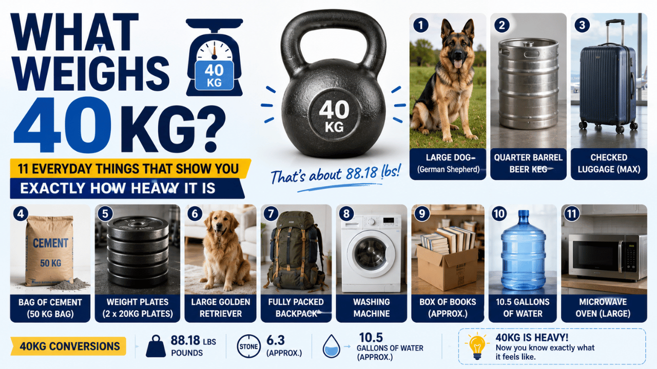 Feature image showing what weighs 40kg with 11 everyday examples, including a large dog, beer keg, luggage, weight plates, washing machine, books, water container, and microwave for easy weight comparison.